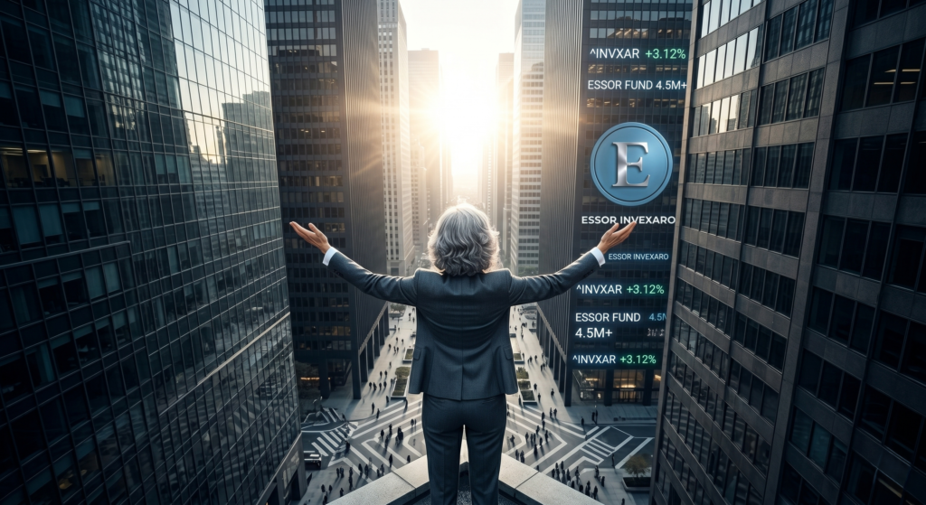 Successful investor overlooking a financial district with Essor Invexaro digital trading data and AI trade bot metrics displayed in the skyline.